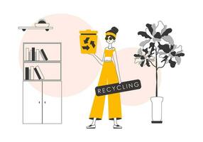 The girl is holding a trash can. Waste recycling concept. Linear style. vector