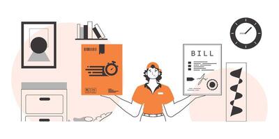 The guy holds a parcel and a check in his hands. Delivery concept. Linear style. vector