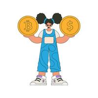 Girl holding dollar and bitcoin. Character trendy style. vector