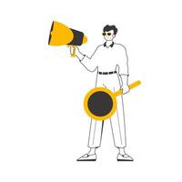 The guy is holding a bullhorn in his hands. Minimalistic linear style. Isolated. Vector illustration.