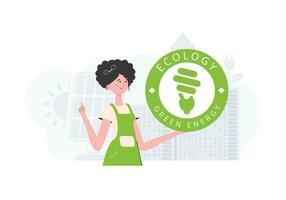 The concept of ecology and green energy. The girl holds the ECO logo in her hands. Vector trend illustration.