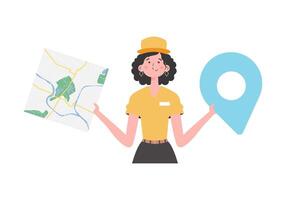 Girl delivery operator with a map in her hands. The character is depicted to the waist. Isolated. . vector