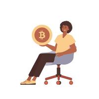 The guy sits in a chair and holds a bitcoin in his hands. Character in modern trendy style. vector