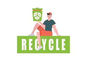 The guy sits and holds a trash can in his hand. The concept of ecology and recycling. Isolated on white background. vector