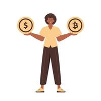 The guy holds in his hands bitcoin and dollar in the form of coins. Character with a modern style. vector