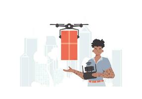 A man controls a quadcopter with a package. Delivery concept. Vector. vector