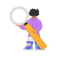 A man holds a magnifying glass in his hands. Search for information. Retro style character. vector