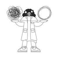 Skilled Female doctor demonstrates confused thoughts. Theme of psychology. Linear black and white style. vector