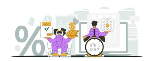 A smart guy and a girl are engaged in paying taxes. An illustration demonstrating the correct payment of taxes. vector