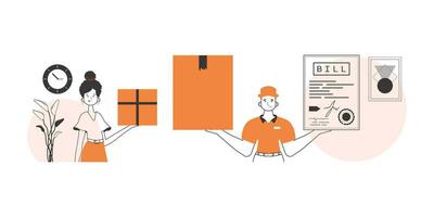 The girl and the guy delivers parcels and cargo. Linear trendy style. vector