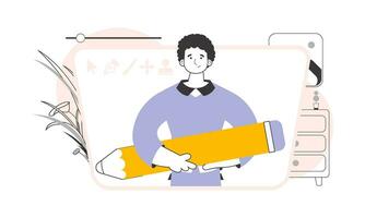 The man is holding a pencil. Linear trendy style. Vector illustration.