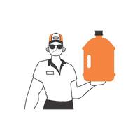 Water delivery concept. Loader with a large bottle of water in his hands. Linear trendy style. vector