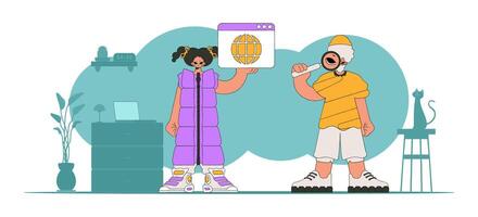 A bright and stylish illustration of a guy and a girl looking for information. Modern character style. Perfect for adding a modern and tech touch to your project. vector