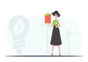 A full-length woman is shown holding an EKO icon and a bag of proper nutrition. Healthy food, ecology, recycling and zero waste concept. Trend vector illustration.