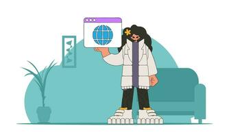 A bright and stylish illustration of a girl holding a browser window in her hands. Material for educational content. Perfect for adding a modern and tech touch to your project. vector
