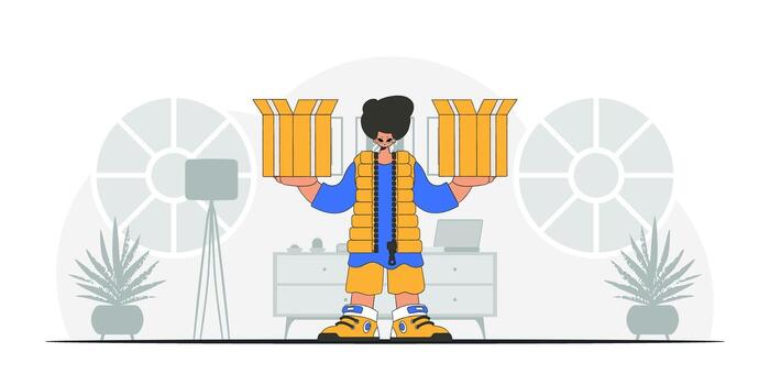 Charming man holding boxes. A graphic representation of the dispatch of consignments and cargo vector