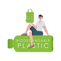 un hombre se sienta en un botella hecho de biodegradable el plastico y sostiene un eco bolso en su manos. concepto de verde mundo y ecología. aislado en blanco antecedentes. Moda tendencia vector ilustración.