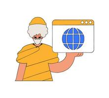 A bright and stylish illustration of a guy using a web browser. Material for educational content. vector