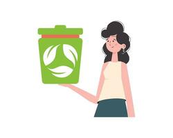 The girl is depicted waist-deep and holding a trash can in her hand. The concept of ecology and recycling. Isolated. Trendy character style. Vetcor. vector