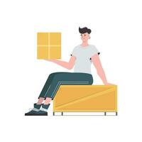 A man is sitting and holding a parcel. Delivery concept. Isolated. Flat modern design. Vector. vector