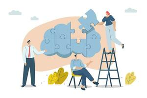 Problem solving, smart planning, Teamworks together to connect the missing puzzles, Brainstorm ideas to solve problems together. Teamwork of business people assembling a brain jigsaw puzzle. vector