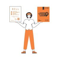 The boy holds a parcel and a check in his hands. Delivery concept. Linear style. Isolated on white background. illustration. vector