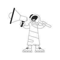 A qualified HR specialist woman holds a megaphone and a magnifying glass in her hands. HR topic. Linear black and white style. vector