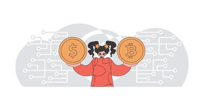 The girl is holding a dollar and bitcoin coin. The concept of interaction with digital monetary assets. vector