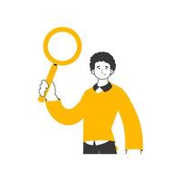 The guy is holding a magnifying glass in his hands. Search concept. Line art style. Isolated on white background. Vector illustration.