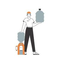 Water delivery concept. The guy is holding a bottle of water in his hands. Linear style. vector