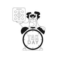 Girl holds calendar and alarm clock, symbolizing tax day. Vector illustration in linear style.