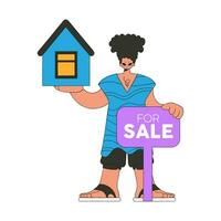 Male real estate agent holding a house in his hands. House ownership. vector