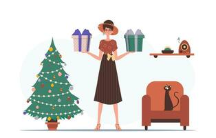 Gift concept for christmas or new year. A young woman is holding a gift box. vector