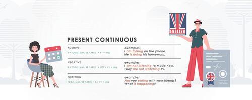 Present continuous. Rule for the study of tenses in English. The concept of teaching English. Trend character flat style. Illustration in . vector