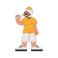 The man is holding a magnifying glass. Search for information. Retro style character. vector