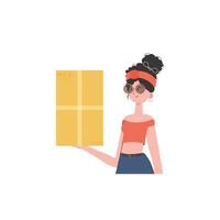 The woman is depicted waist-deep and holding a parcel in her hands. Delivery concept. Isolated. Vector. vector