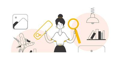 The girl is holding a magnifying glass in her hands. Search concept. Lines modern style. Vector illustration.