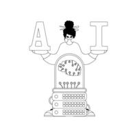 Girl and AI server with AI theme, in linear style vector
