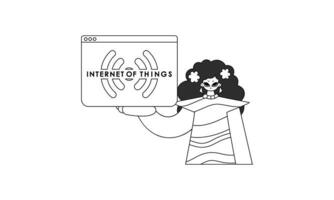 Girl holds IoT logo in vector linear fashion