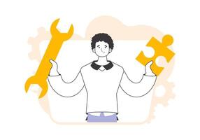 The guy is holding a wrench and a puzzle. Teamwork theme. Linear modern style. vector