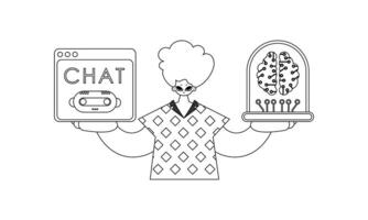 A cartoon man holding up a computer and a tablet vector
