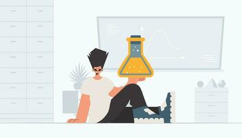 Person holding chemical carafe, learning subject. Trendy style, Vector Illustration