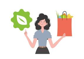 The girl is depicted waist-deep and holds a bag of healthy food in her hands and shows the EKO icon. Isolated. Trend style, vector illustration.