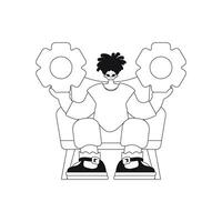 Man holds gears in hands. Vector illustration in linear style.
