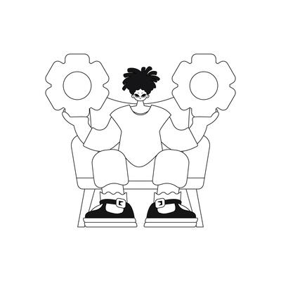 Man holds gears in hands. Vector illustration in linear style.