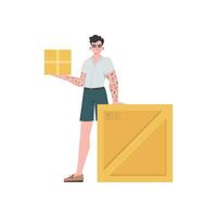 A man stands and holds a parcel. Delivery concept. Isolated on white background. Vector. vector