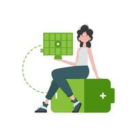 The girl sits on a battery and holds a solar panel in her hands. Eco energy concept. Isolated on white background. trendy style. Vector illustration.