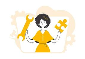 The girl is holding a wrench and a puzzle. Teamwork theme. Linear style. vector