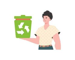 The guy is depicted to the waist and holds a trash can in his hand. The concept of recycling and zero waste. Isolated. Trendy character style. Vetcor. vector