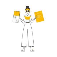 The girl is holding a calculator. Lineart trendy style. Isolated. Vector illustration.